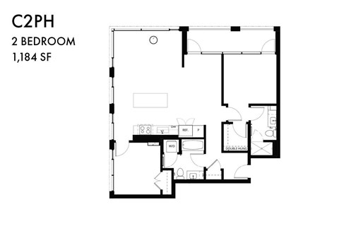 A floor plan of a 2 bedroom apartment sized 1,184 square feet.